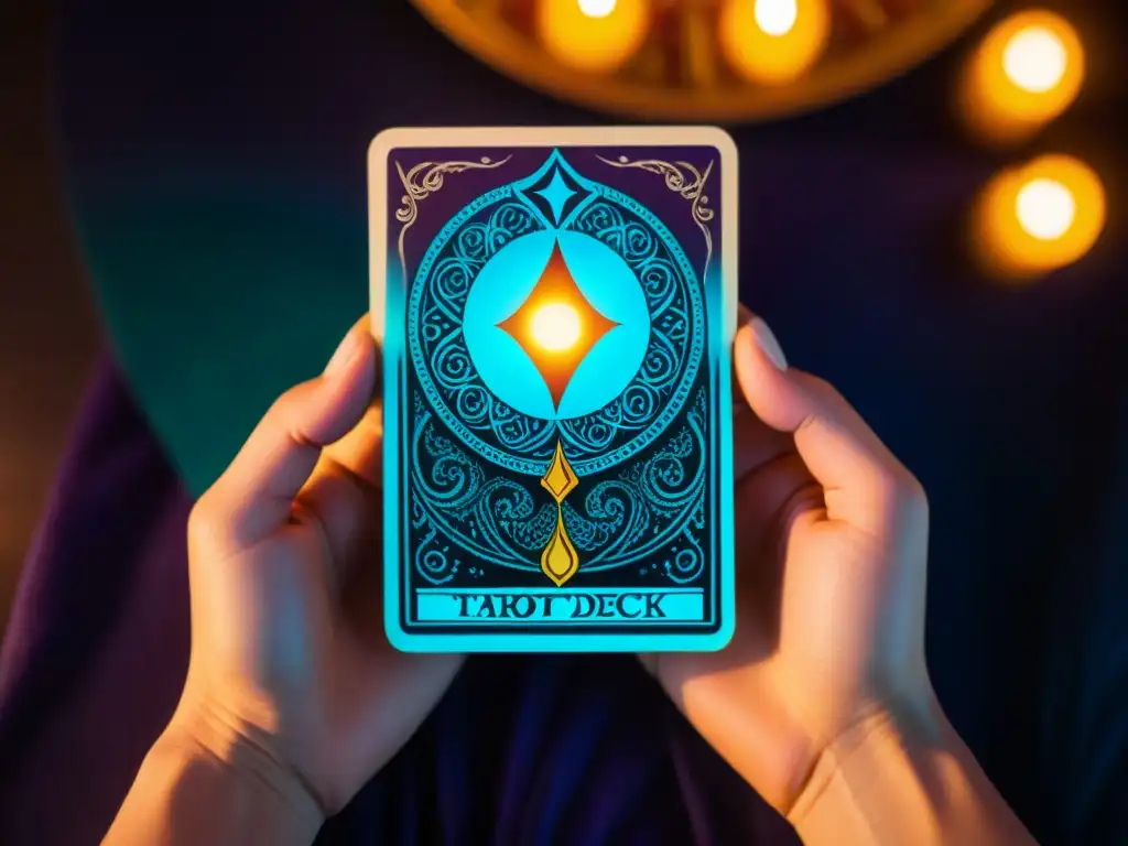 Un misterioso ser sostiene un tarot con símbolos vibrantes y colores intensos, envuelto en una aura de sabiduría ancestral