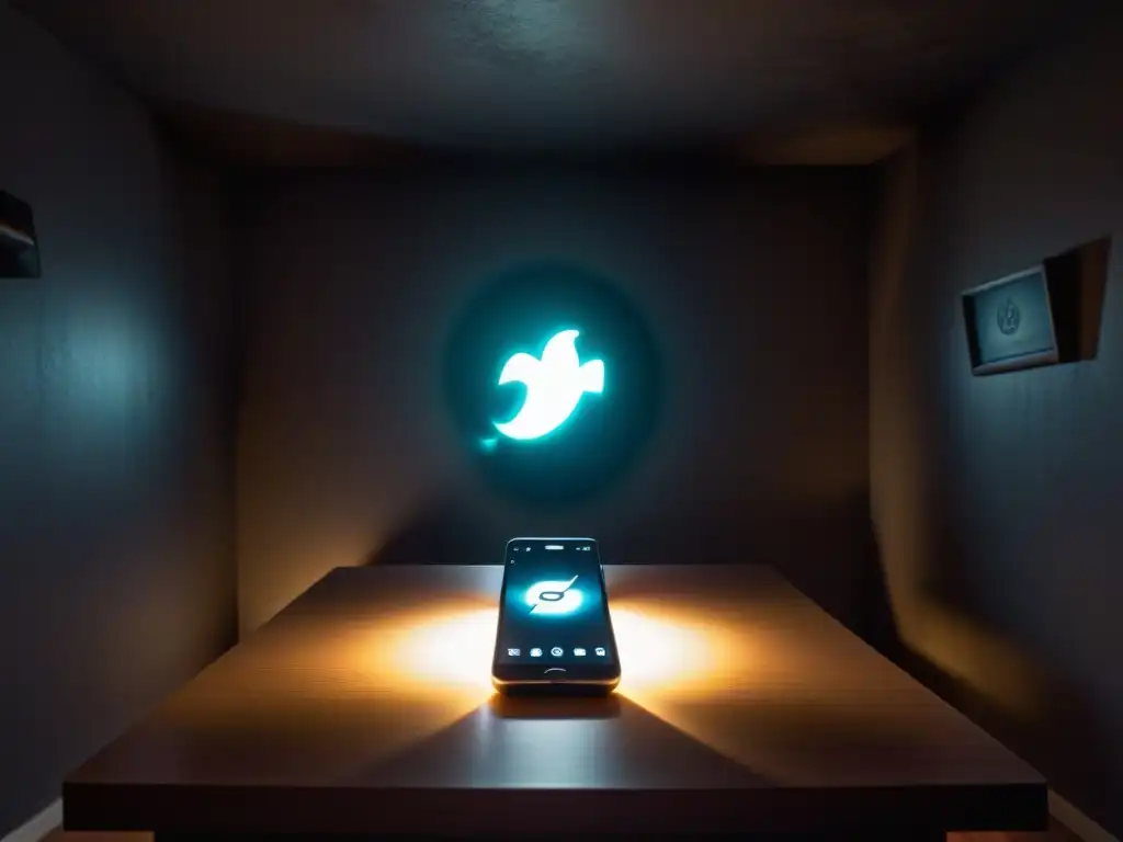 Teléfono encantado: app sobrenatural en habitación misteriosa Un misterioso smartphone iluminando un cuarto oscuro con una app paranormal