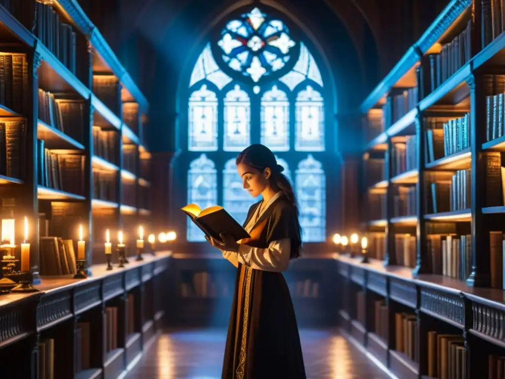 Un misterioso y sombrío rincón de una biblioteca oculta, con libros antiguos de ocultismo y conocimientos esotéricos