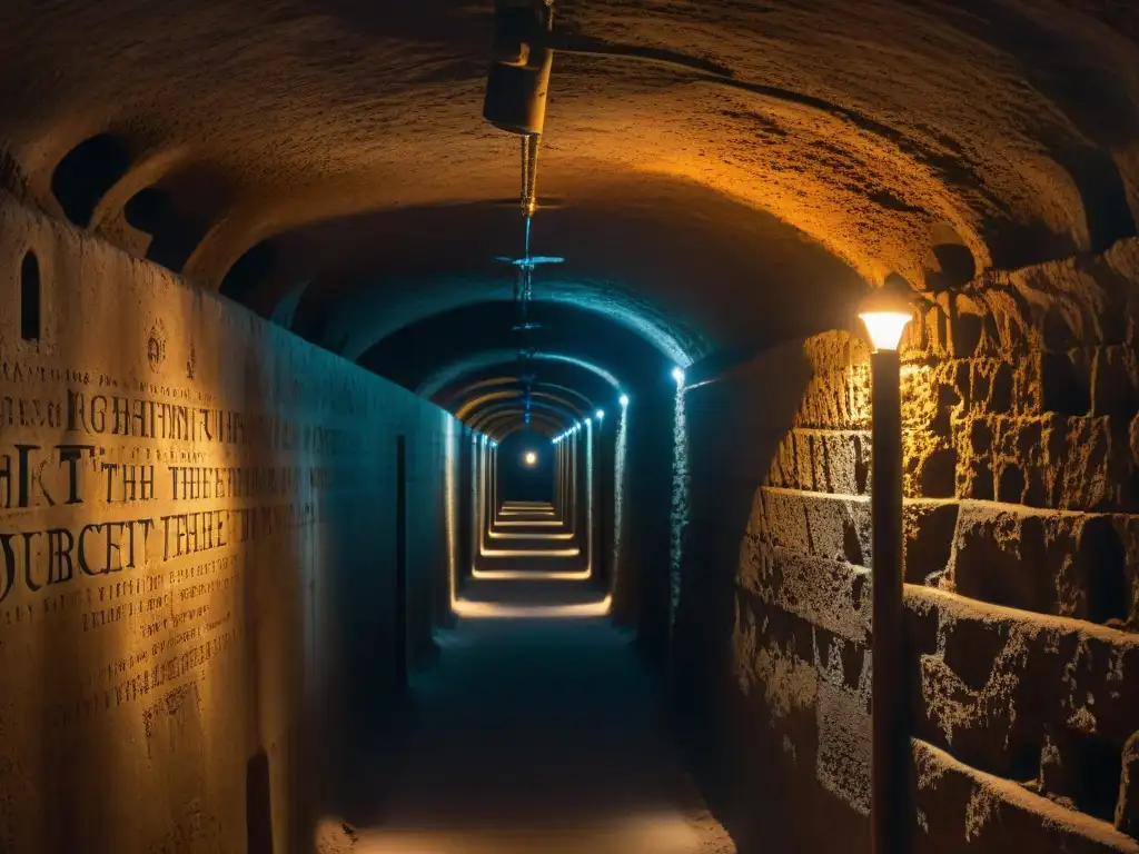 Descubre el misterioso túnel subterráneo con antorchas iluminando símbolos antiguos