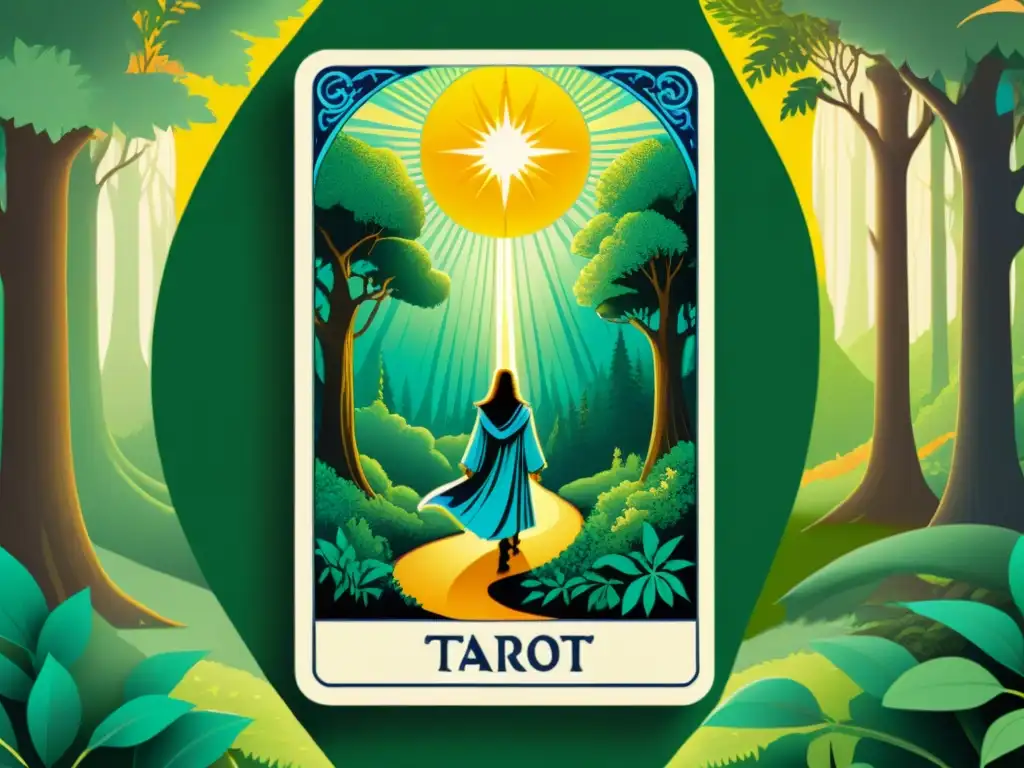 Un misterioso tarot para éxito profesional con un bosque encantado y un sendero de decisiones