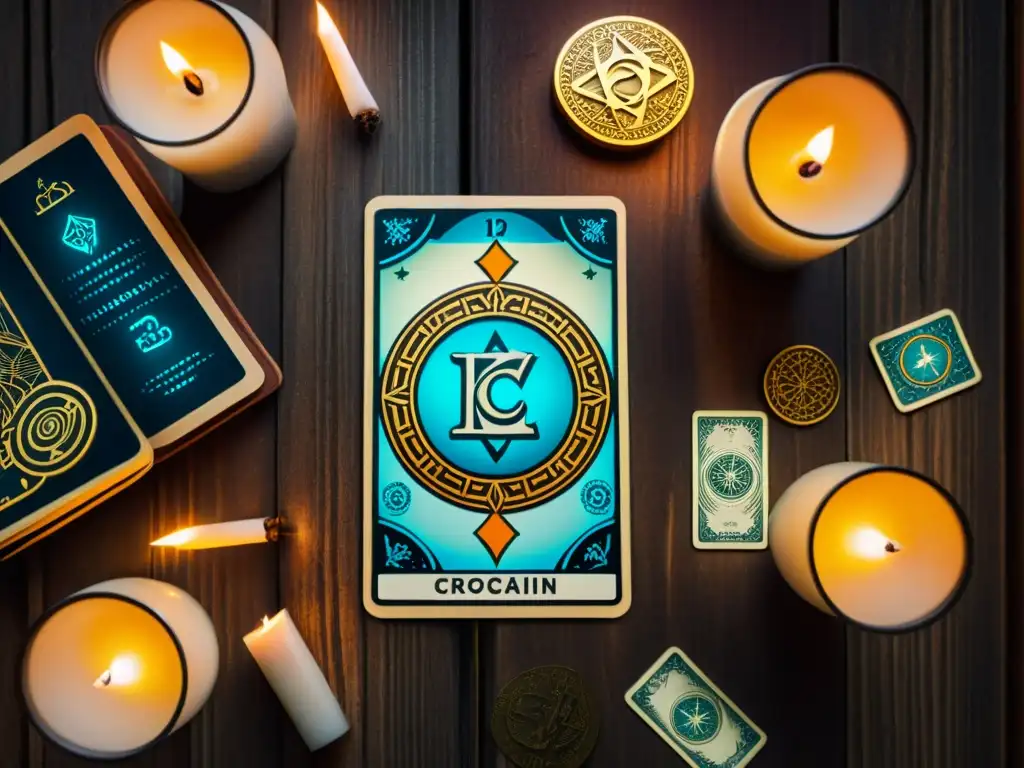 Un misterioso tarot financiero con símbolos de criptomonedas en una mesa de madera antigua iluminada por velas