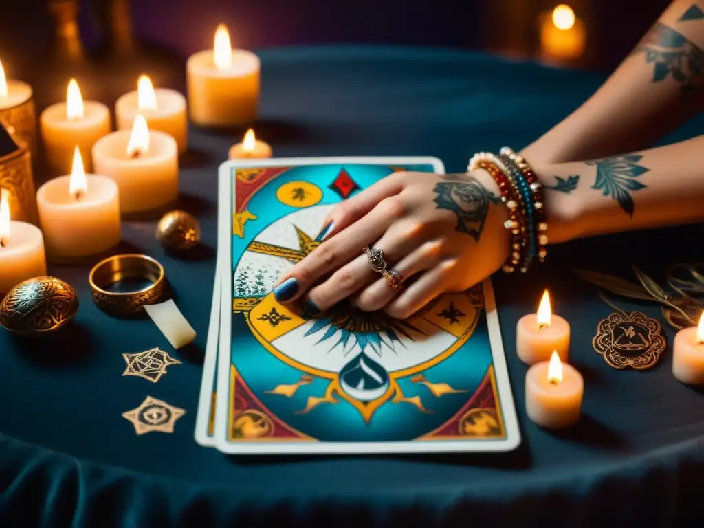 Un misterioso tarot se baraja entre manos tatuadas en una habitación oscura llena de símbolos esotéricos y velas encendidas