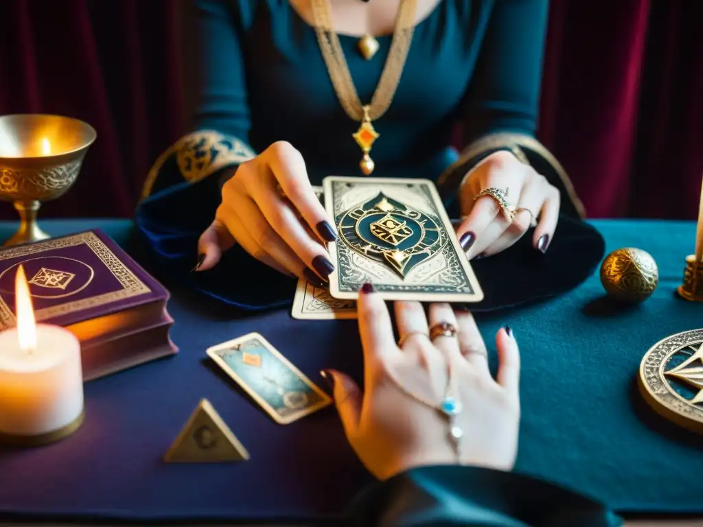 Un misterioso tarot se coloca en una mesa de terciopelo, entre sombras y libros antiguos