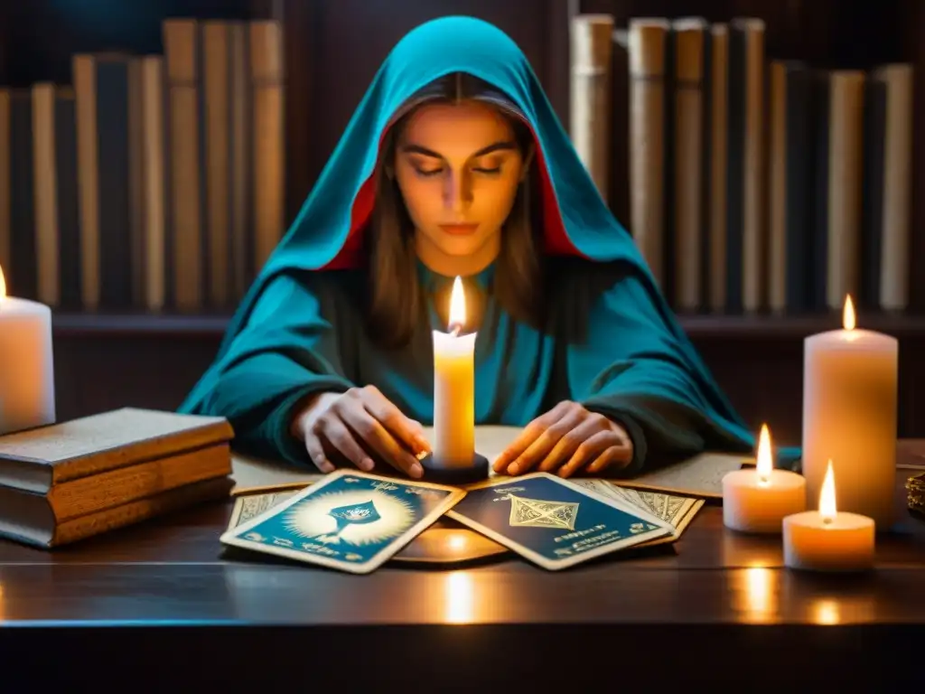 Un misterioso tarot revelado por una figura encapuchada en una habitación llena de libros antiguos y velas, exudando misticismo y secretos