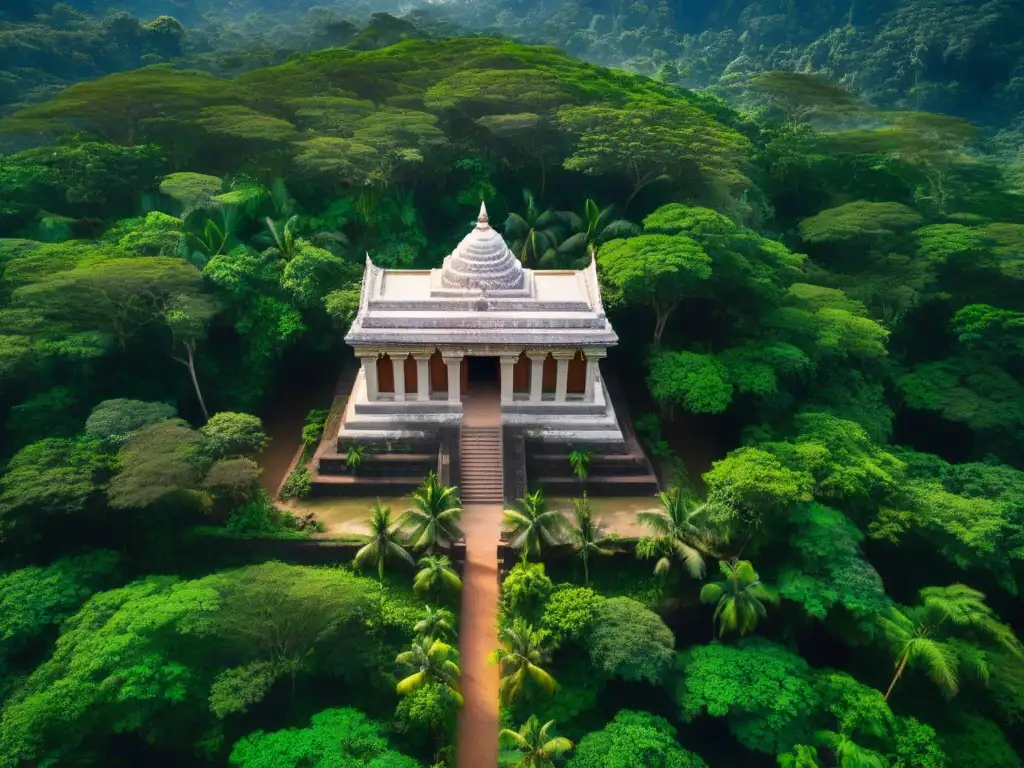 Misterioso templo antiguo oculto en la selva, con grabados iluminados por el sol