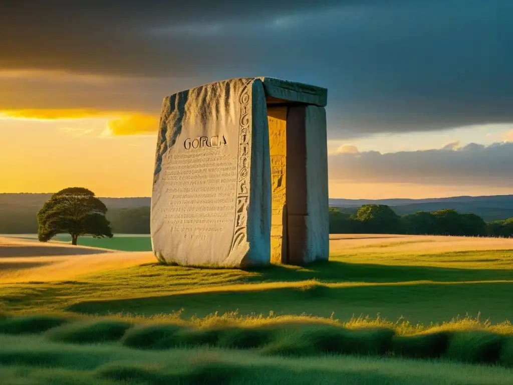 Los misteriosos Georgia Guidestones se alzan en un campo, iluminados por la luz dorada del atardecer