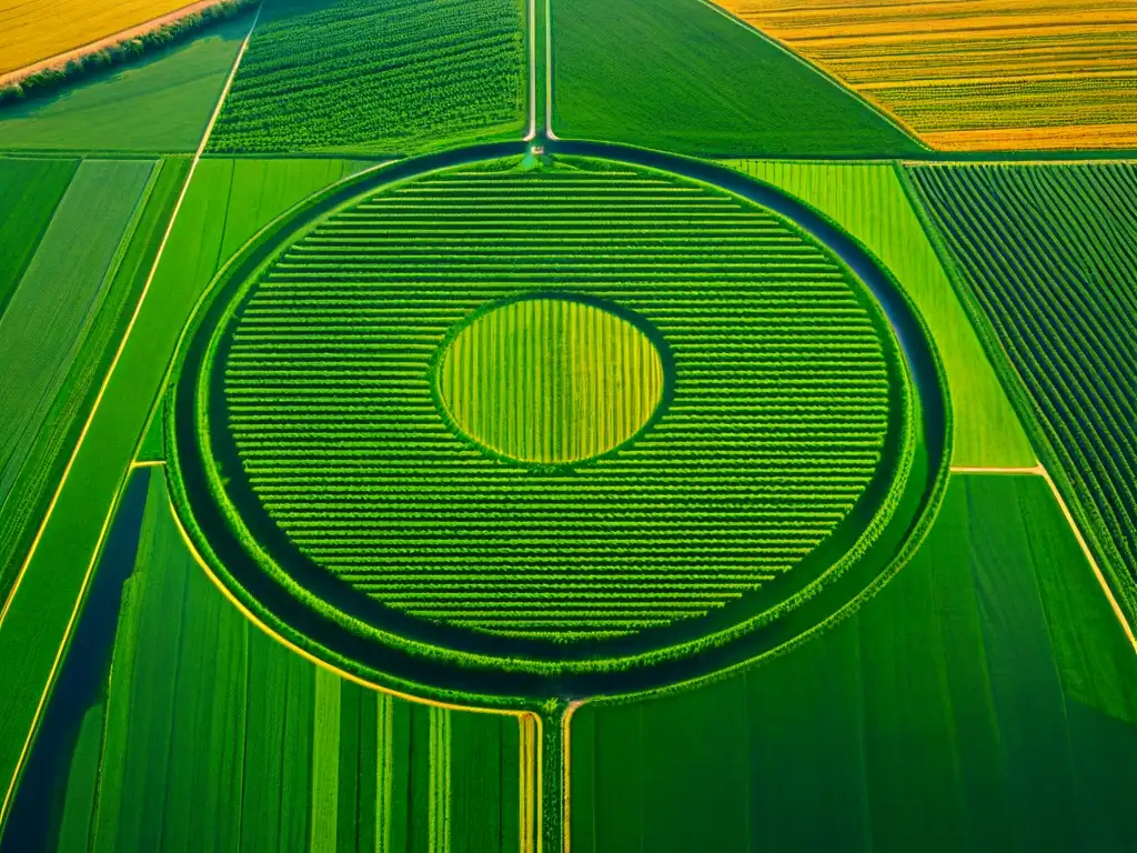 Misteriosos círculos de cosechas en campo al atardecer, diseño geométrico asombroso