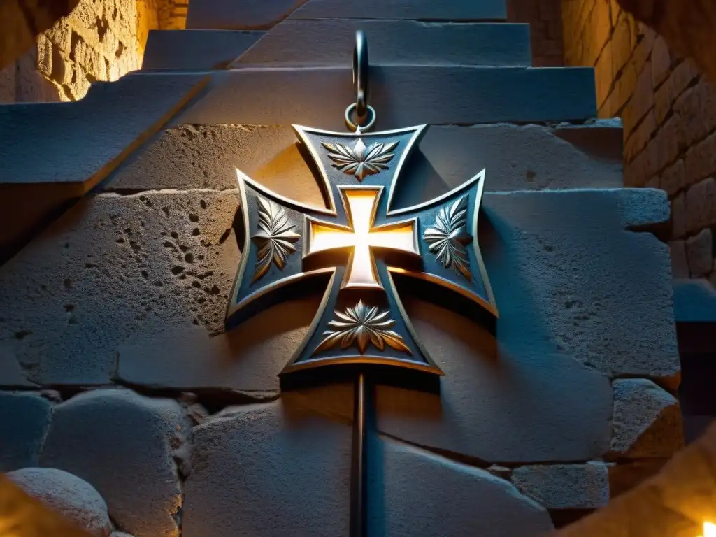 Misteriosos grabados del Maltese cross en antiguas paredes de piedra iluminadas por antorchas, evocando los Secretos de la Orden de Malta