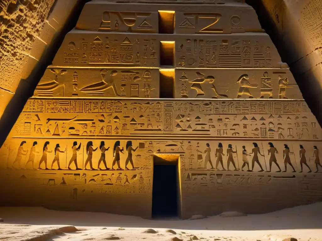 Misteriosos símbolos y figuras tallados en las paredes de la Gran Pirámide de Giza, iluminados por una luz etérea