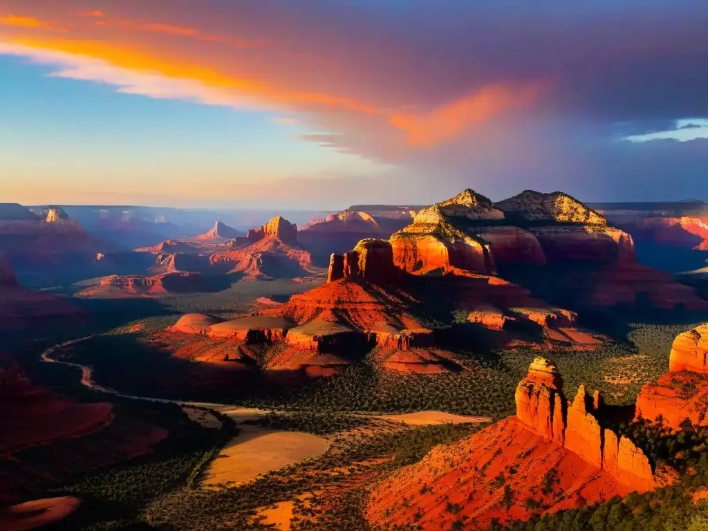 Misteriosos vórtices energéticos de Sedona iluminados por el atardecer, rodeados de belleza natural y siluetas de excursionistas impresionados