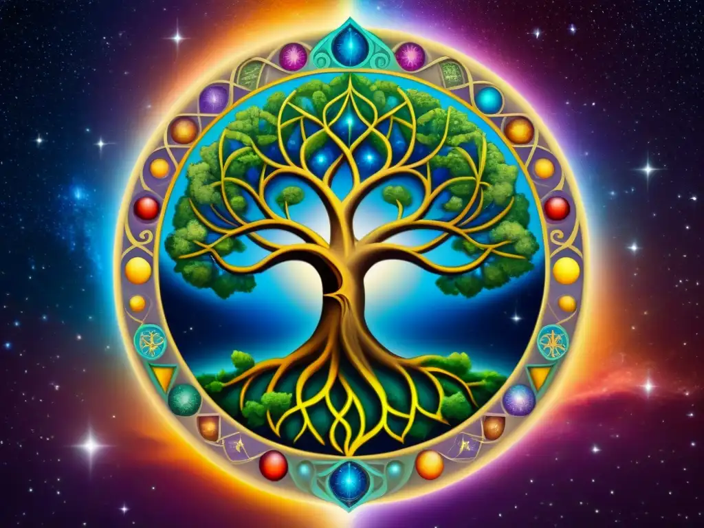 Árbol de la Vida Kabbalístico: Misterio y Sabiduría Cósmica Una representación mística de un antiguo Árbol de la Vida cabalístico, detallado y colorido, rodeado de elementos cósmicos enérgicos