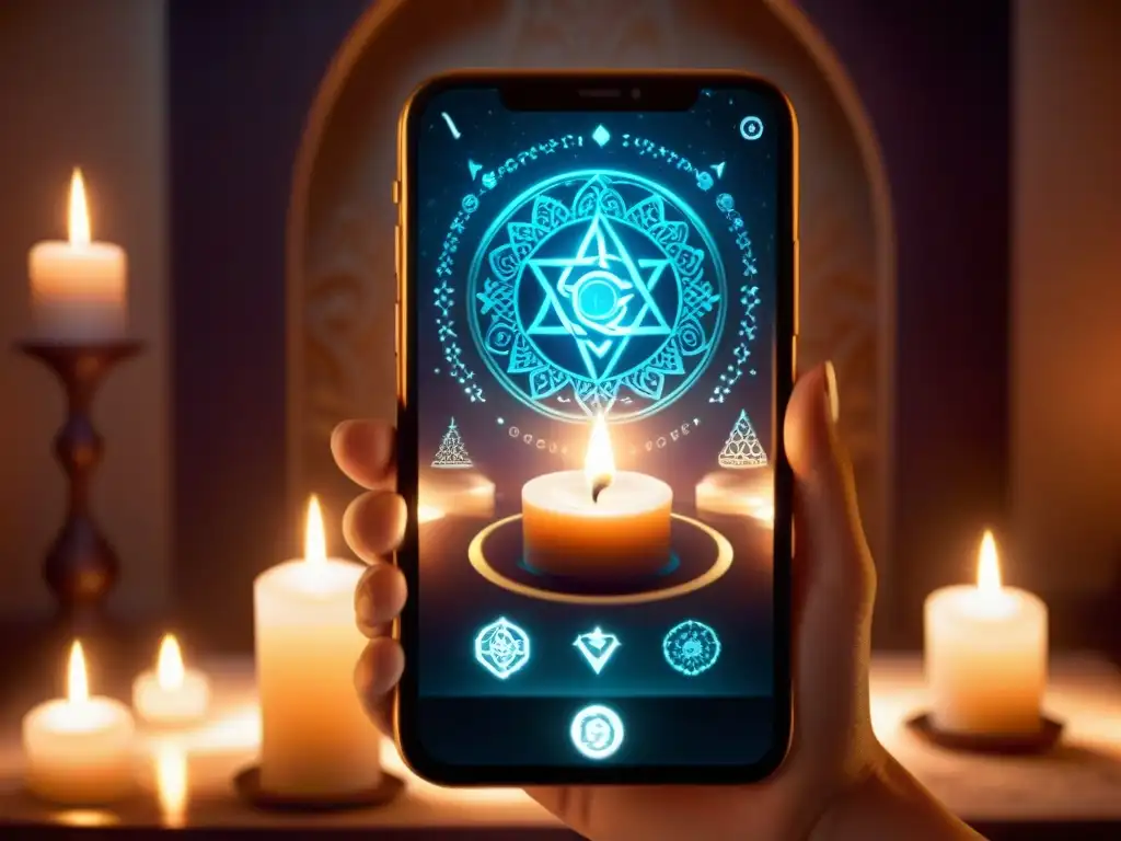 Interfaz mística de app en pantalla de celular con patrones cósmicos, símbolos alquímicos y atmósfera de misticismo