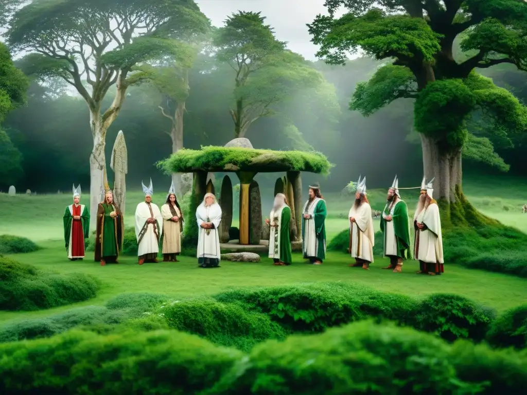 Reunión mística de druidas en bosque verde, Sociedades secretas druidas influencia Europa