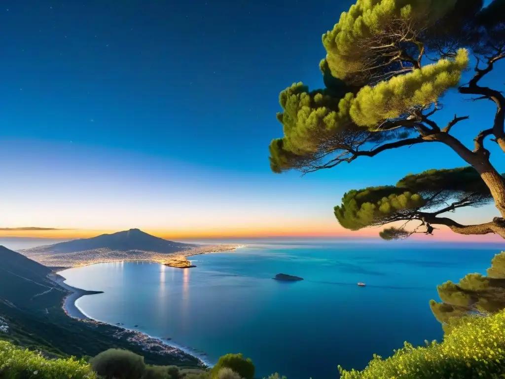 La mística del Estrecho de Gibraltar al atardecer, con ruinas antiguas y una ciudad moderna bajo un cielo estrellado