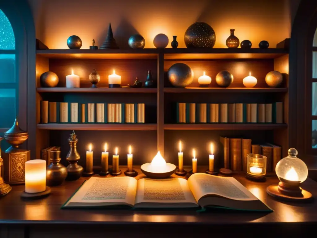 Una mística habitación con libros antiguos de magia, velas y objetos místicos