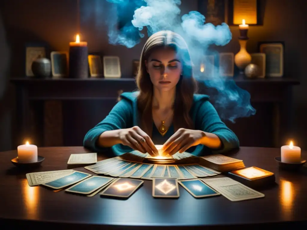 Un medium en comunión mística con un ser etéreo sobre cartas de tarot, en un ambiente misterioso de incienso