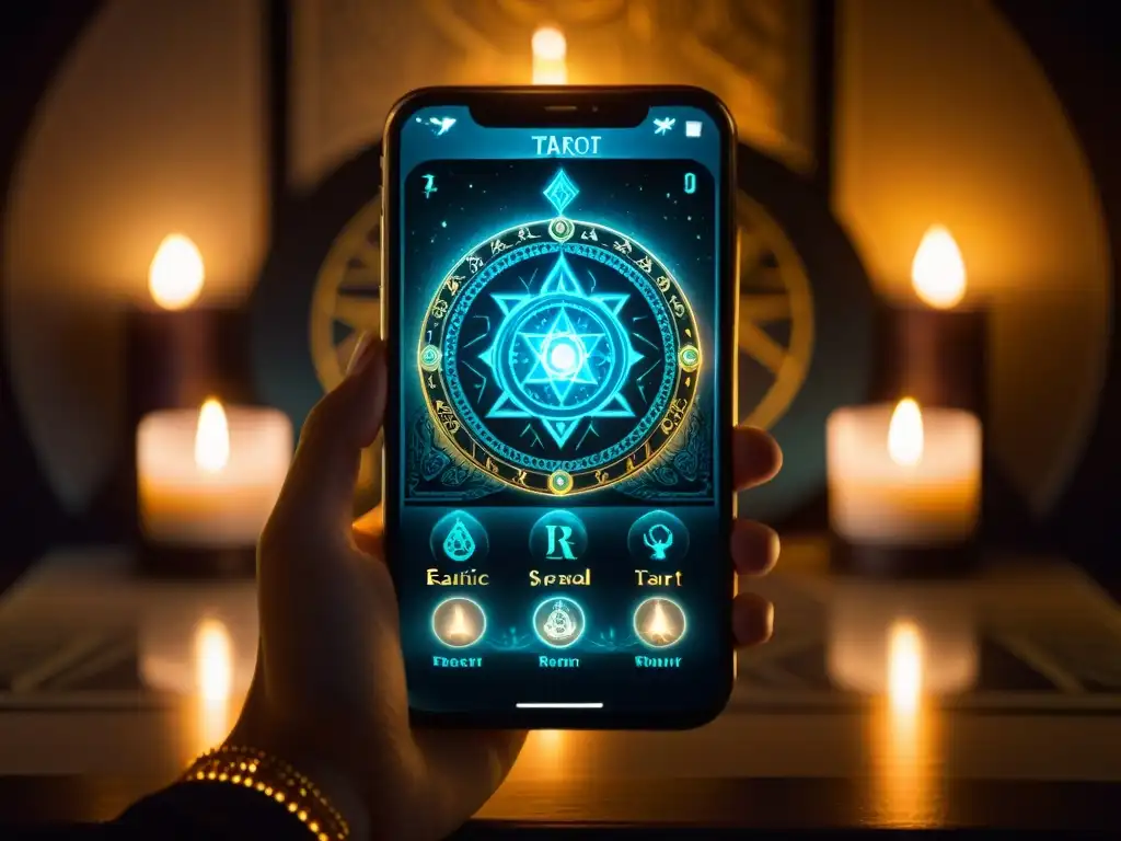 Una mística tirada de tarot en pantalla de smartphone con símbolos brillantes y velas, ideal para 'Apps esotéricas para exploración secreta'