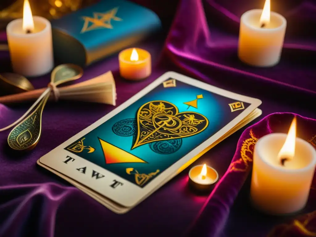 Místico tarot de amor con símbolos vibrantes en terciopelo, iluminado por luz de vela