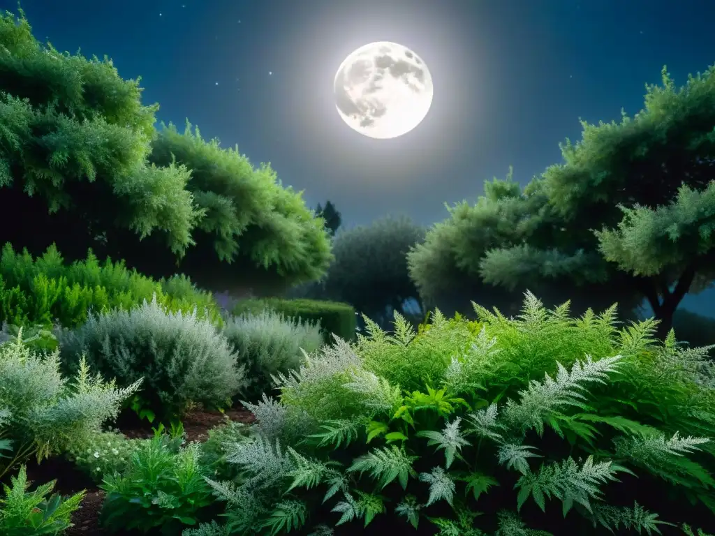 Un jardín místico bañado por la luz de la luna, donde las Artemisias brillan con propiedades ocultas de hierbas mágicas