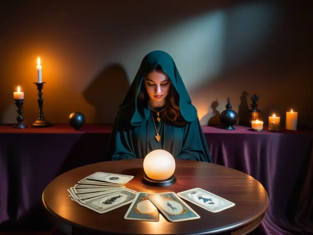 Un místico rincón con cartas de tarot, bola de cristal y vela titilante