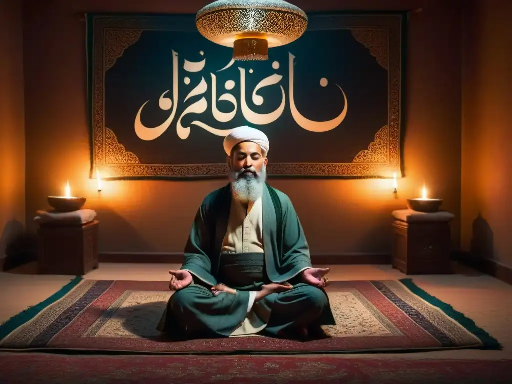 Un místico Sufi medita en un cuarto iluminado por velas, rodeado de alfombras y caligrafía, en un ambiente de paz y energía espiritual