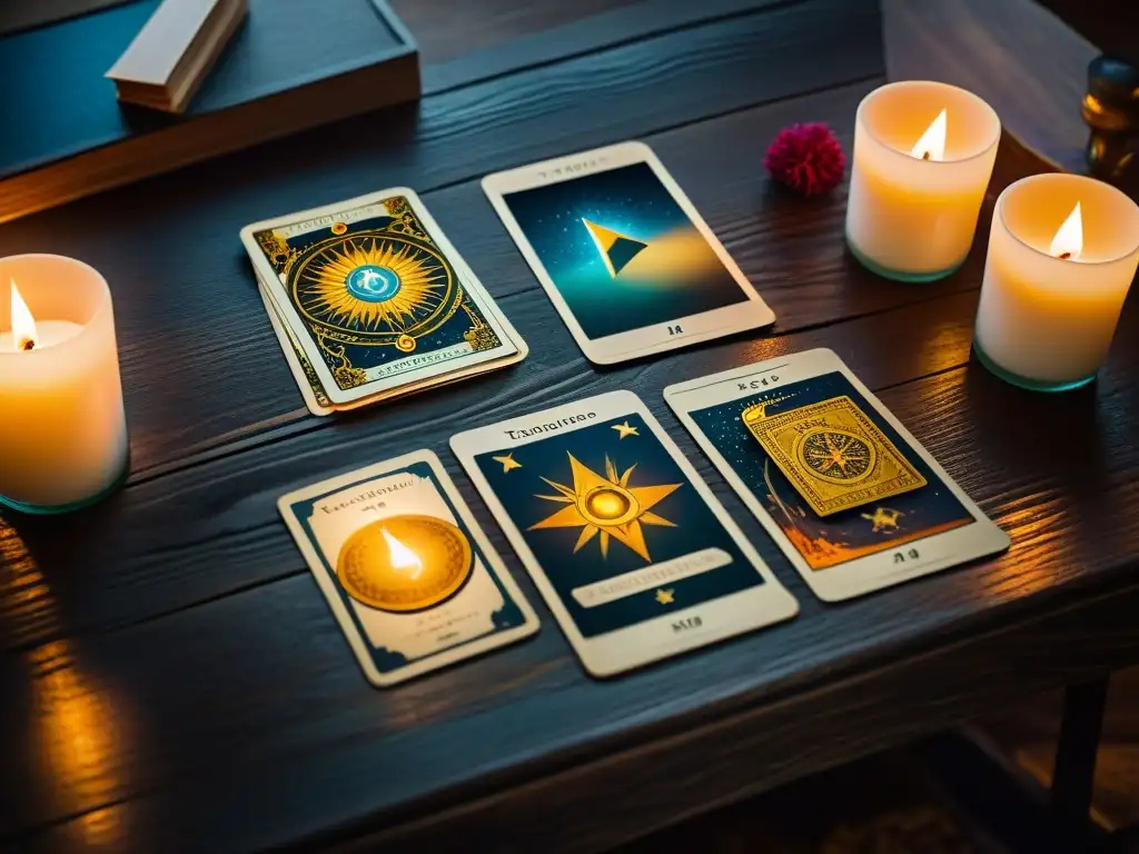 Un místico y detallado tarot para éxito profesional en una mesa de madera iluminada por velas