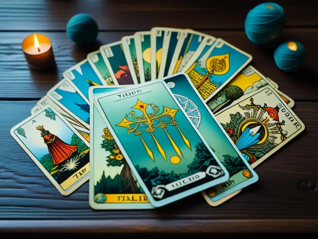 Un místico y detallado tarot sobre mesa de madera en armonía con la influencia del Tarot en Calvino