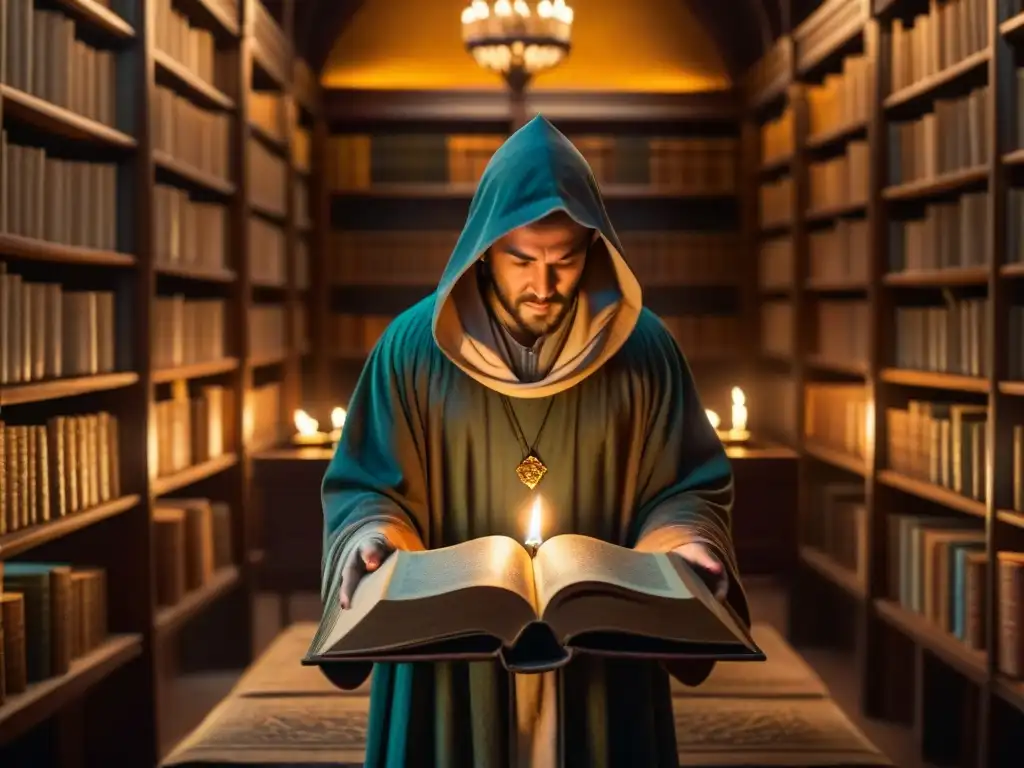 Un místico estudioso en una biblioteca llena de antiguos tomos, símbolos y manuscritos, iluminada por una vela temblorosa