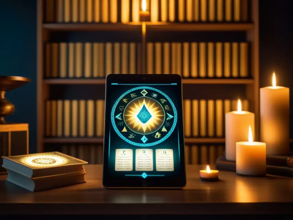 Un rincón místico iluminado por una tablet con Mitos Tarot digital revelados, fusionando lo antiguo y lo moderno