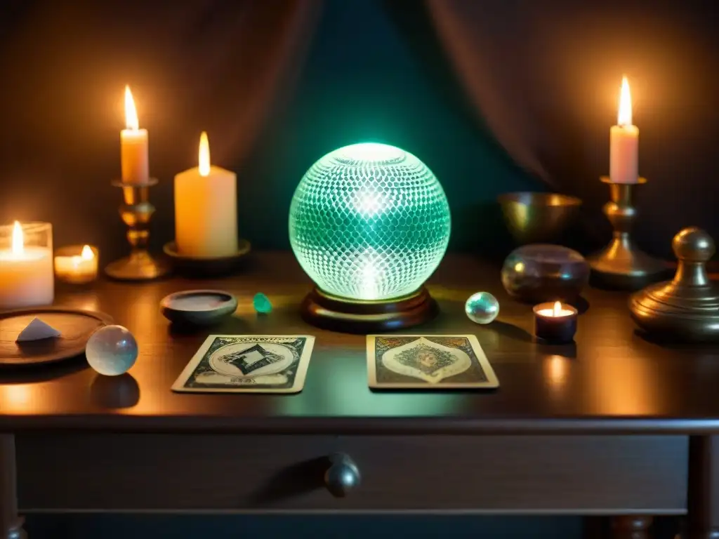 Un rincón místico iluminado por velas, con objetos mágicos y esotéricos