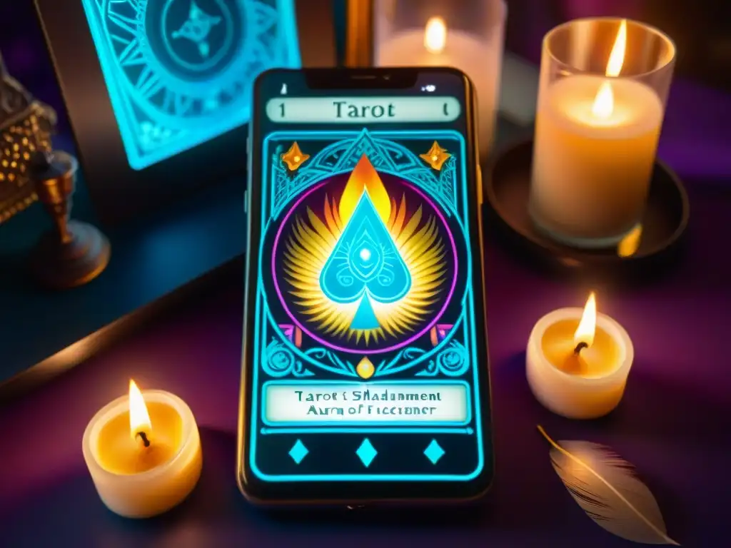 Un místico mazo de tarot digital revelado en pantalla de alta resolución, rodeado de objetos místicos