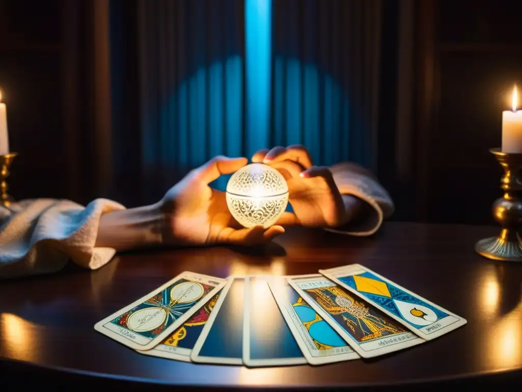 Un rincón místico con mesa de madera y cartas de tarot, iluminado por una bola de cristal