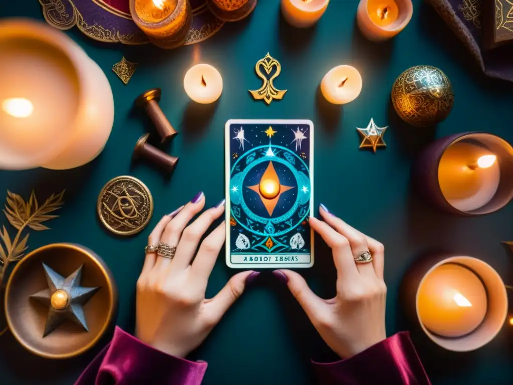 Un místico tarot sobre terciopelo iluminado por una vela, rodeado de las mejores barajas tarot energía