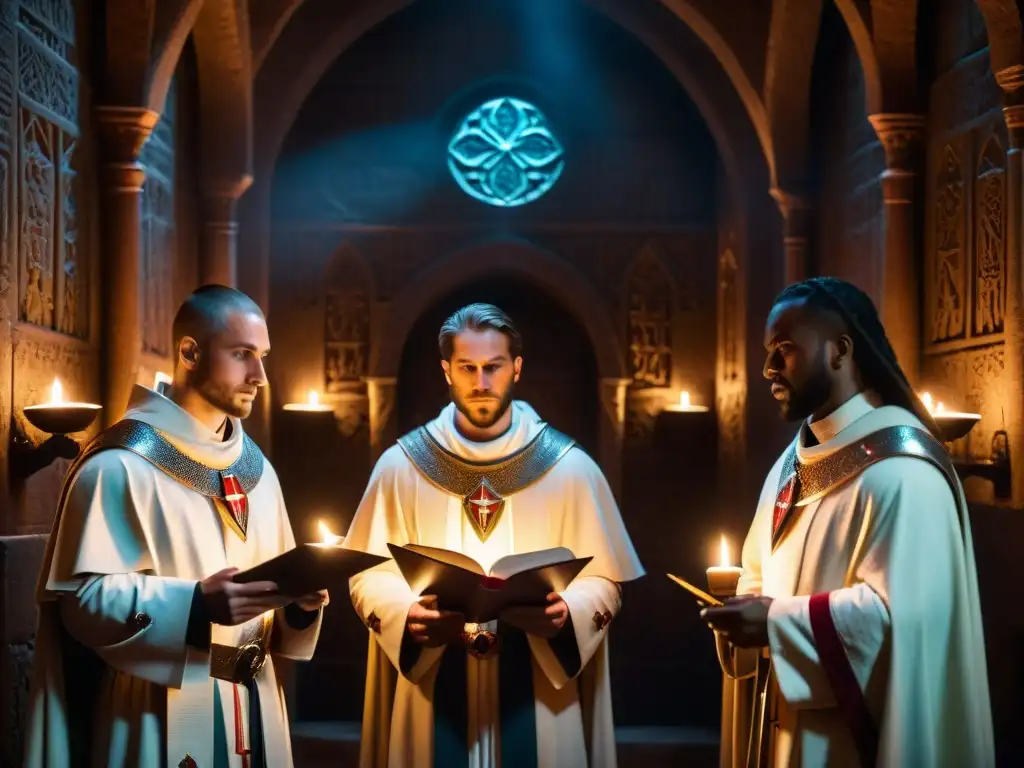 Modernos templarios en cámara antigua iluminada discutiendo secretos