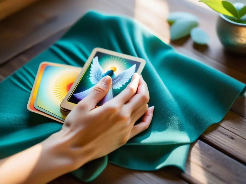 Un momento mágico: manos colocando cartas de Oráculo de los Ángeles en una mesa de madera rústica, con luz natural y sombras suaves