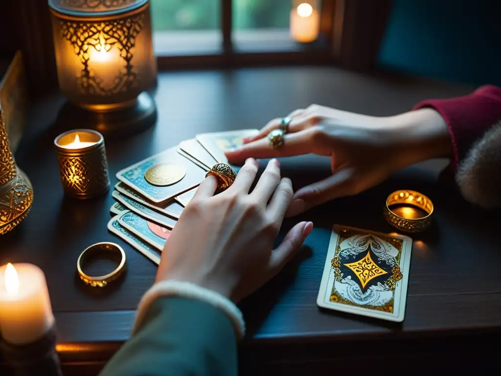 Un momento sereno en una habitación tenue, manos de lectora de tarot barajando cartas con anillos y símbolos místicos