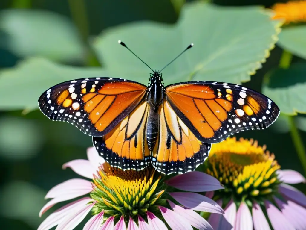 Mariposa monarca en flor morada con símbolos ocultos naturaleza arte