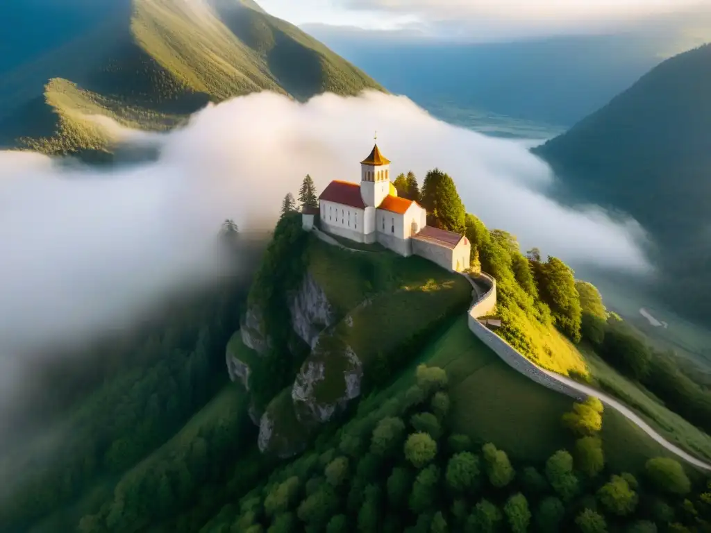 Un monasterio ancestral en la cima de montañas neblinosas, iluminado por luz dorada