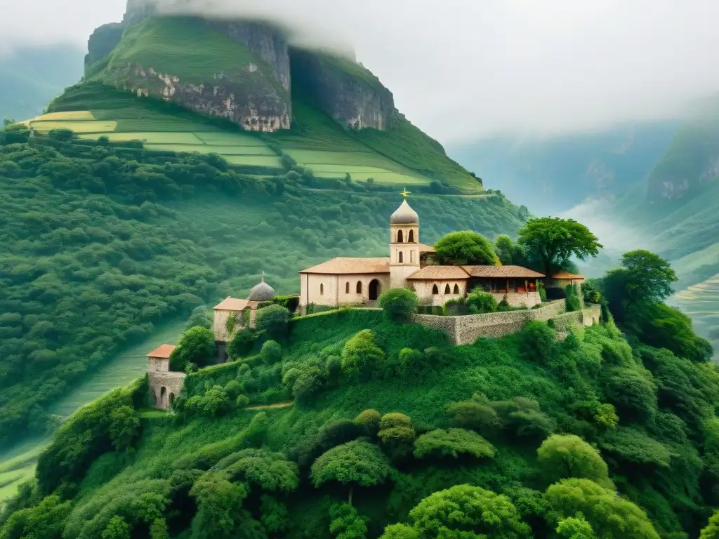 Monasterio antiguo en la montaña, rodeado de naturaleza exuberante, con figuras misteriosas