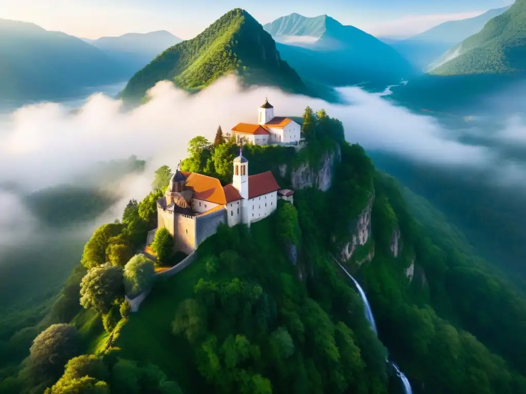 Monasterio oculto en montañas neblinosas, iluminado por el amanecer