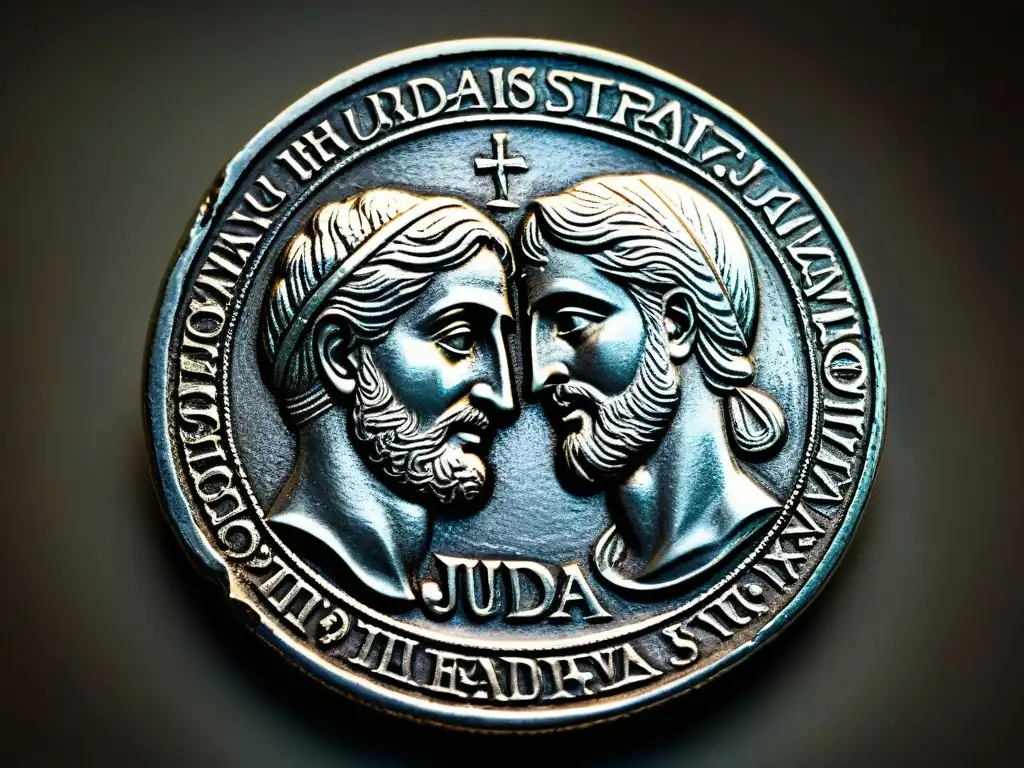 Una moneda de Judas antigua y detallada, con grabados de su traición