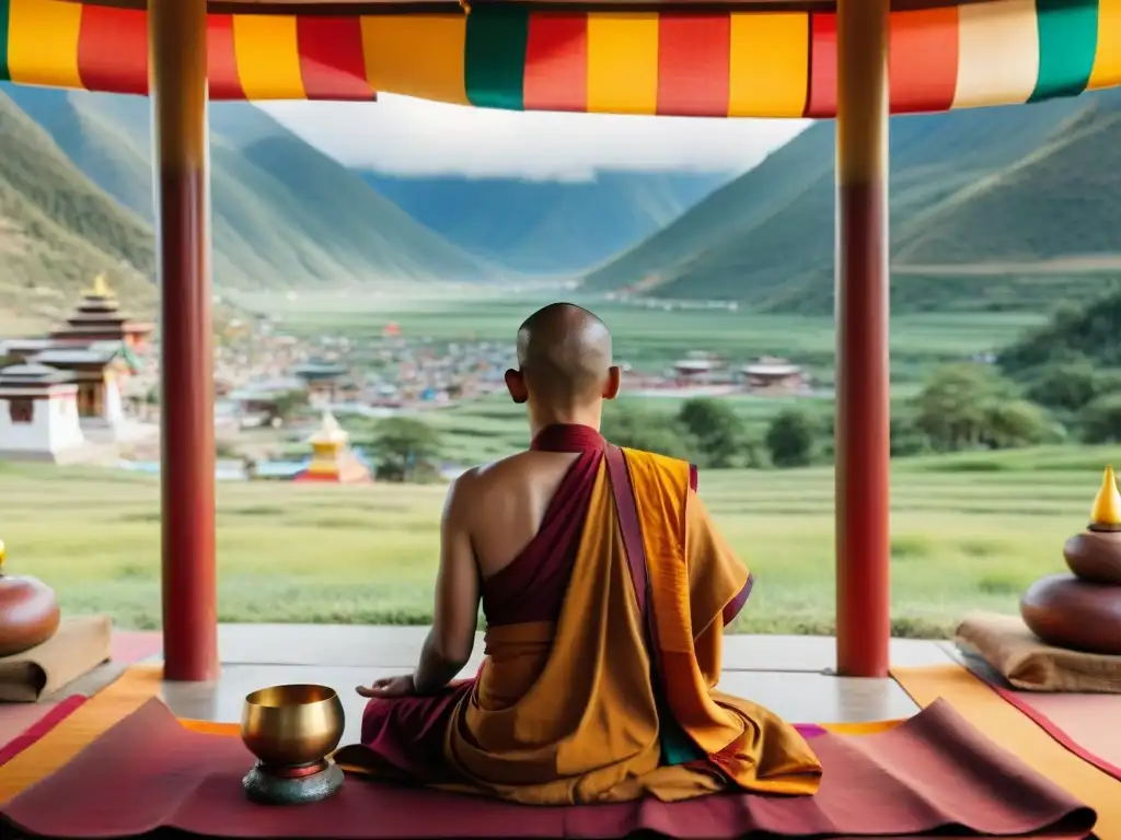 Un monje budista en un templo sereno tocando un cuenco tibetano, rodeado de colores vibrantes