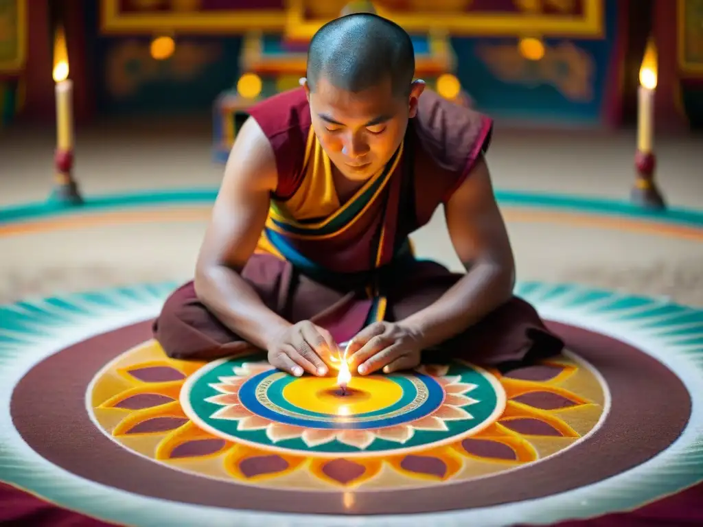 Un monje budista tibetano crea con devoción un mandala de arena, en un ritual de protección de culturas orientales