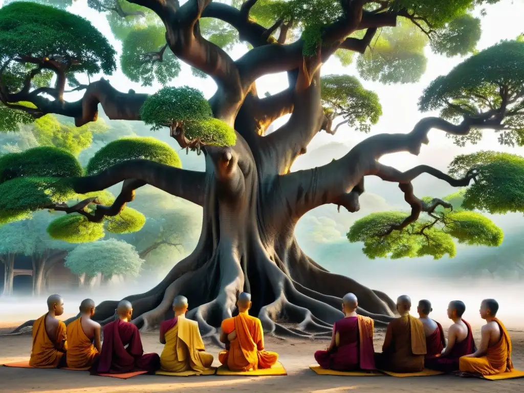 Monjes meditando bajo árbol Bodhi, significado árbol de la vida culturas