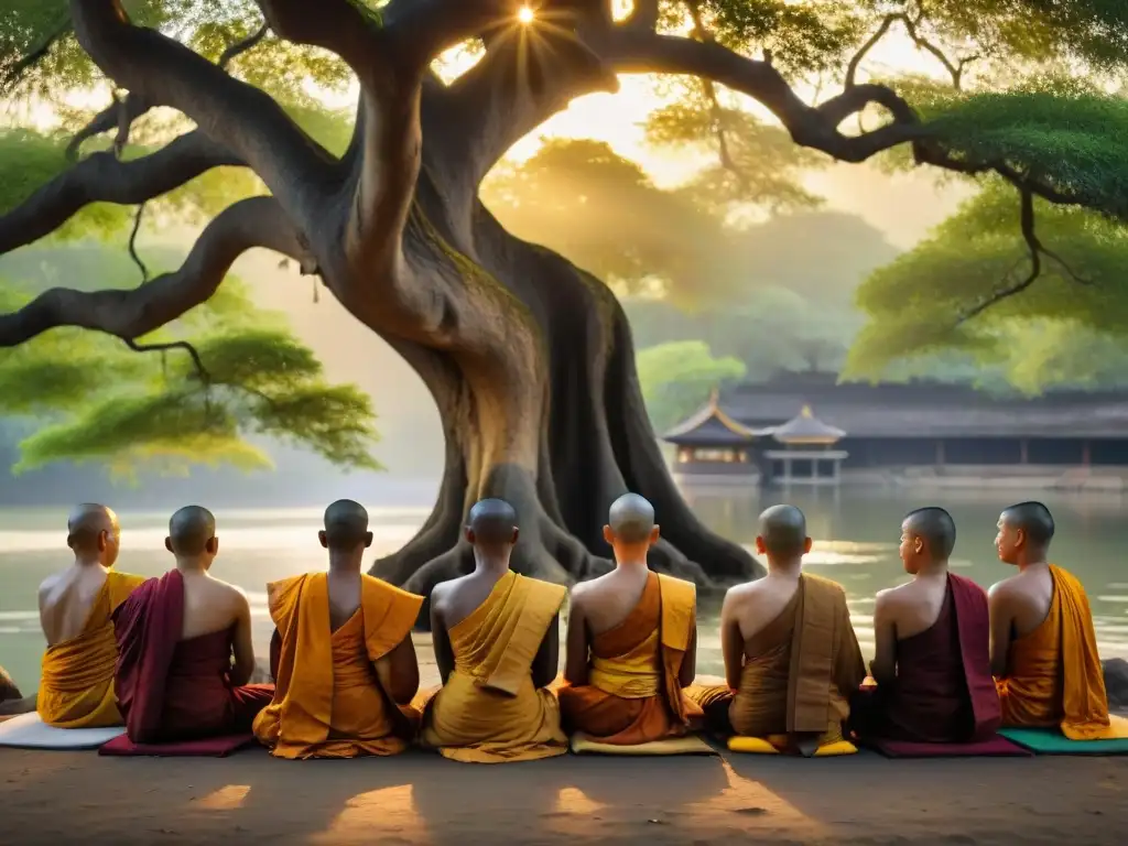 Monjes budistas meditan bajo el árbol Bodhi al amanecer, sus rostros serenos iluminados por la luz dorada, mostrando la atmósfera espiritual