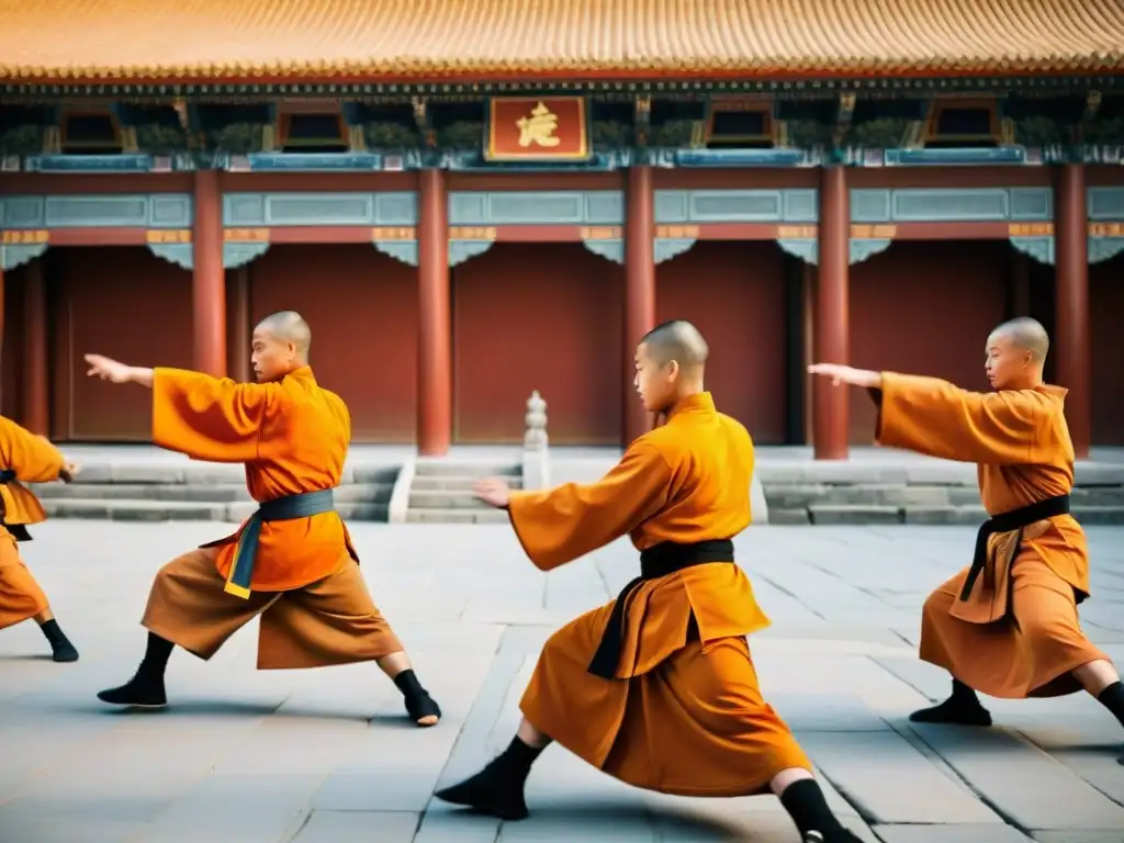 Monjes Shaolin practicando artes marciales en el Monasterio Shaolin al amanecer, mostrando agilidad y disciplina