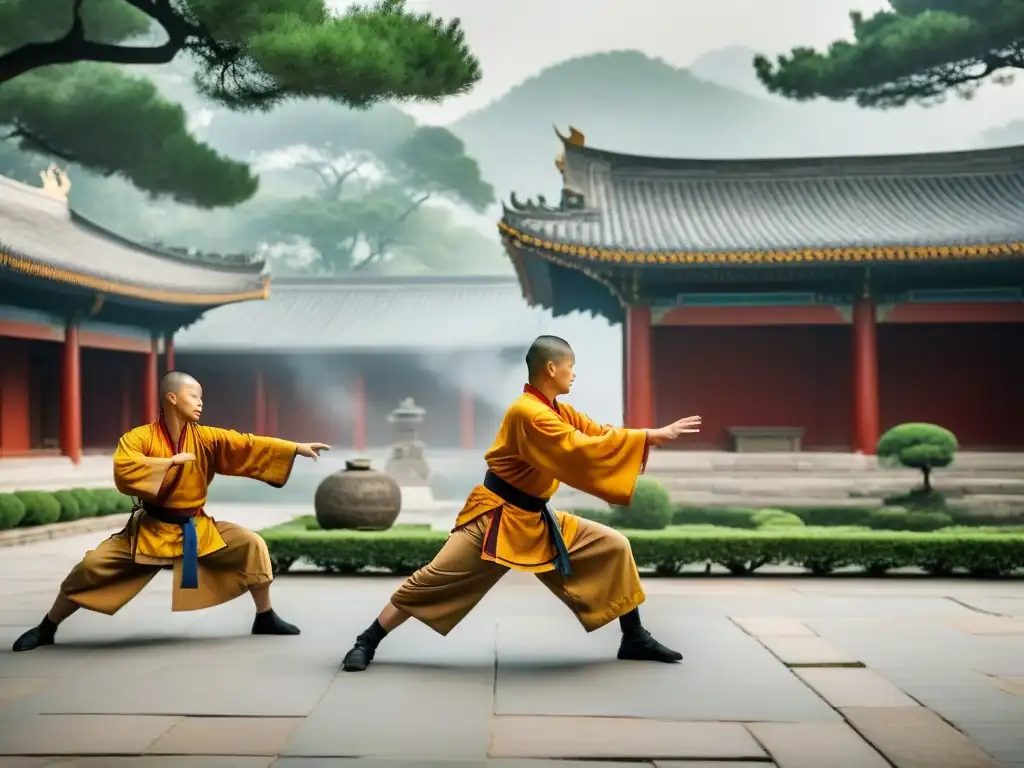 Monjes Shaolin practican artes marciales en el monasterio antiguo, mostrando su agilidad y disciplina en un entorno místico