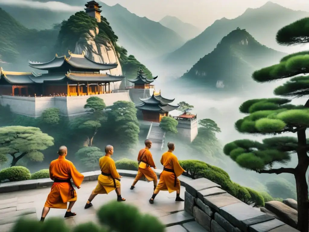 Monjes Shaolin practicando artes marciales en la montaña, reflejando la influencia de las sociedades secretas