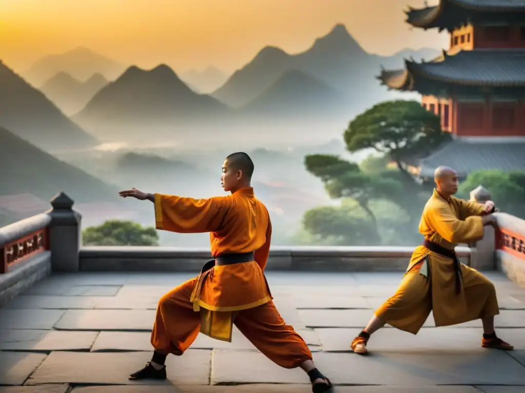 Monjes Shaolin practicando kung fu al amanecer en templo antiguo, atmósfera mística